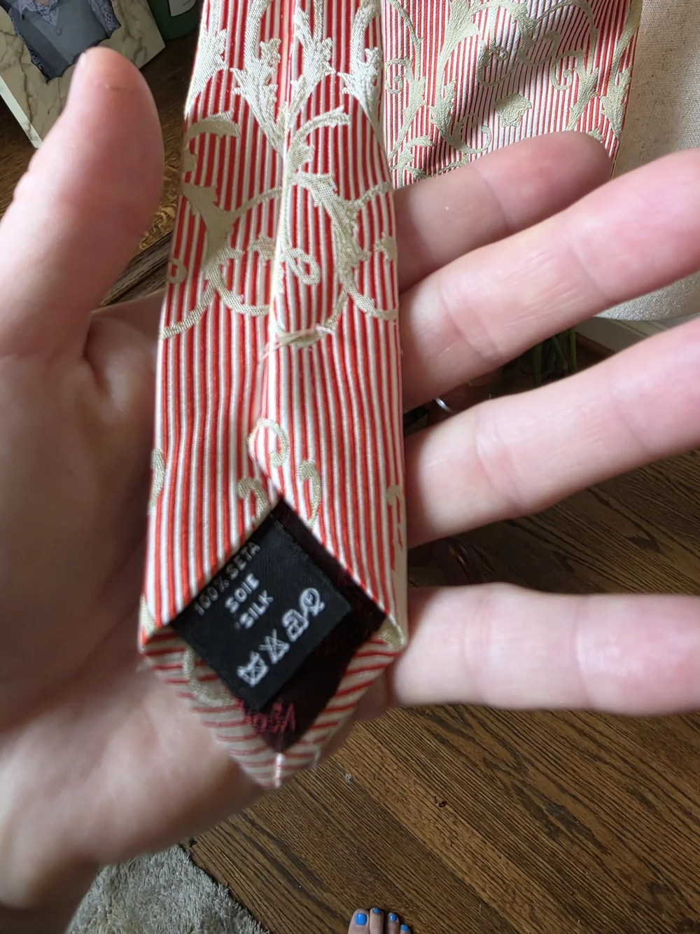 Vintage Versace Coral and Light Green Floral Jacquard Silk Tie